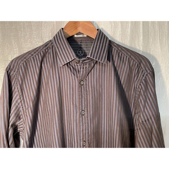 Bugatchi Uomo Shaped Fit Blue‎ Brown Striped Long Sleeve Shirt Large - Picture 1 of 10